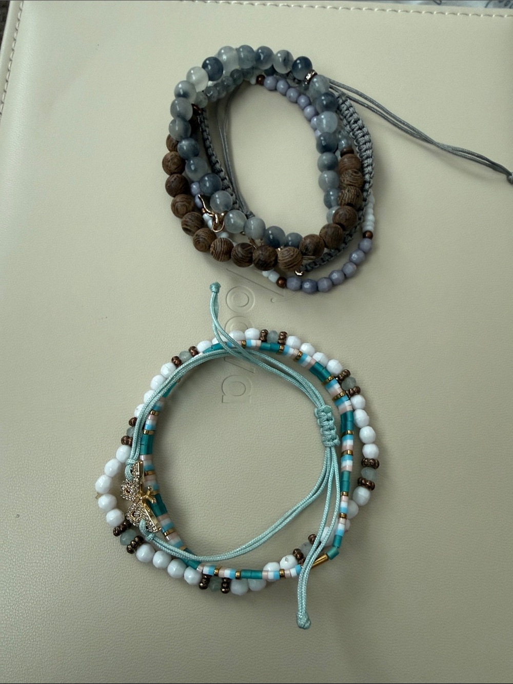 Boho Layered Bead Bracelet Set in Aqua, White & Gray